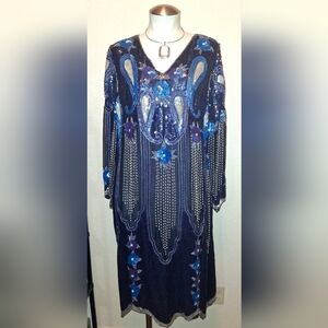 👗IT'S A SALE!! Stunning Navy and Silver Sequin & Beaded Long Sleeve Dress👗